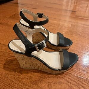 Charles David Black Leather Wedge Sandals